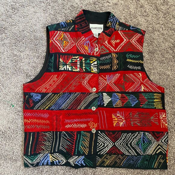 Chico's Jackets & Blazers - CHICO'S Vintage Red & Black Embroidered Mandarin Collar Vest Size XL